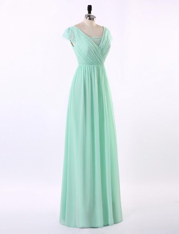 2019 menta verde largo de encaje gasa vestidos de dama de honor con cuello en v, dama de honor, vestido de fiesta de fiesta formal con volantes de manga corta a medida 2019 menta verde largo de encaje gasa vestidos de dama de honor con cuello en v, dama de honor, vestido de fiesta de fiesta formal con volantes de manga corta a medida