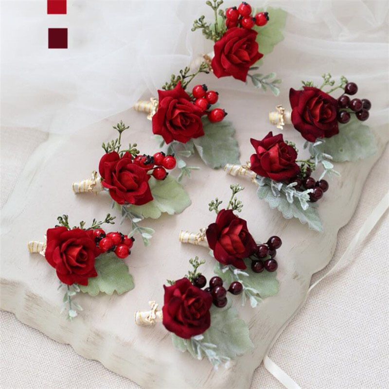 Seda artificial Flores de rosa vino Groom Rojo Boutonniere Hombre Corsage Boda Flores de boda para decoración de fiesta Seda artificial Flores de rosa vino Groom Rojo Boutonniere Hombre Corsage Boda Flores de boda para decoración de fiesta
