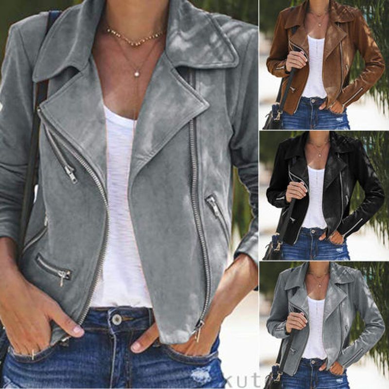 Fashion Womens Zipper Leather Zip-Up Vintage Slim Coat Motorcycle Moto Jacket 