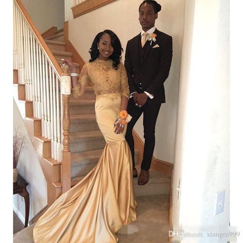 long sleeve champagne prom dress