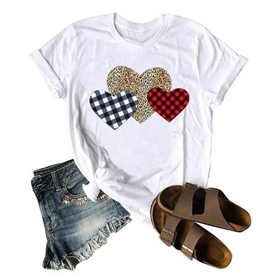 Womens Valentines Day Cute Pattern Printed Short Sleeve Blouses Round Neck Pullover Tops