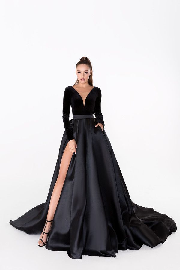 Compra 2019 Vestidos De Noche Negros A Línea Satin Velvet Side Split V  Cuello De Manga Larga Vestido De Fiesta Hecho Personalizado Barato Barato  Gown Fiesta Fiesta Barato | Entrega Rápida Y