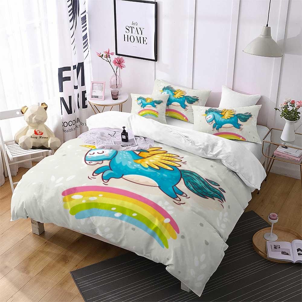 Unicorn Kids Bedding Set Cartoon Duvet Cover Set Single Rose Heart