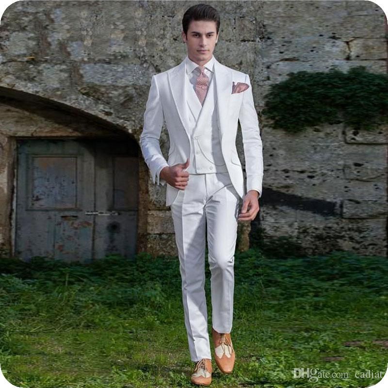 Trajes Blanco vintage smoking novio de los hombres la boda ancha enarboló los