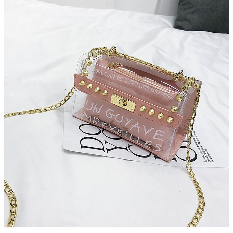 New HandbagPVC Transparent Women bag Sweet Printed Letter Square Phone bag Chain Shoulder bag