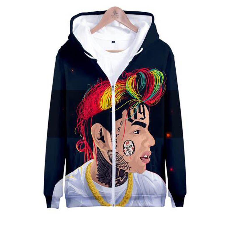 Nuevas verano 2019 6IX9INE Rapper 3D Sudadera con cremallera Harajuku Chándal Sudaderas con capucha