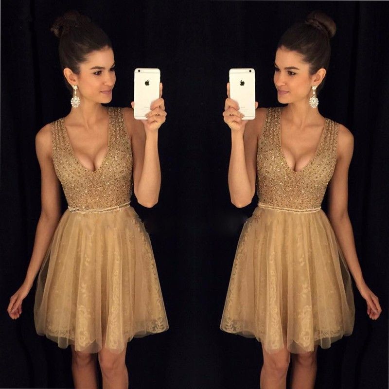 Vestidos de graduación brillantes Vestido corto con cuello en V Vestidos de fiesta Vestidos de