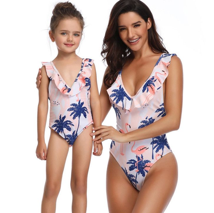 2019 madre e hija a nadando niños flamencos impresos trajes de baño siameses niñas