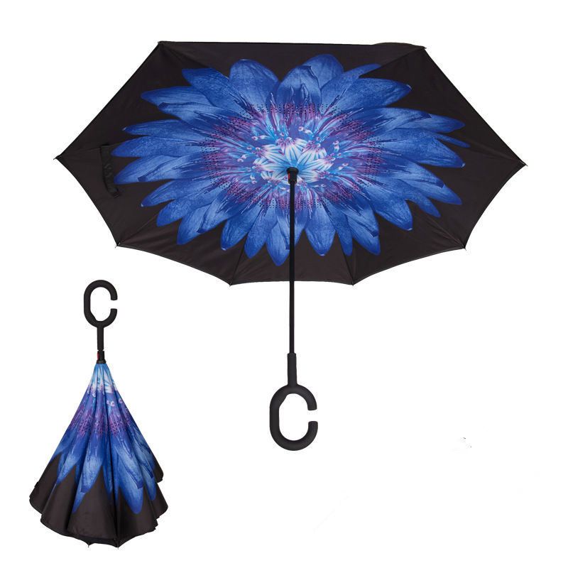 Double Layer Inside Out Folding Umbrella Upside Down Umbrellas with C-Shaped Handle for Women and Men Reverse Inverted Windproof Art Color Creative Umbrella Red Smoke Umbrella