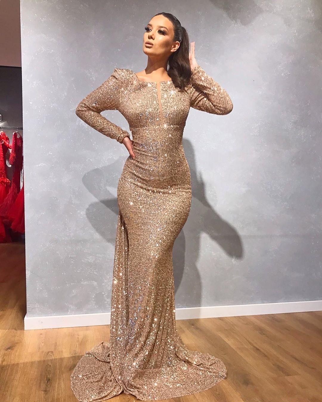 Gold Long Sleeve Mermaid Prom Dresses 2020 Red Sequined Black