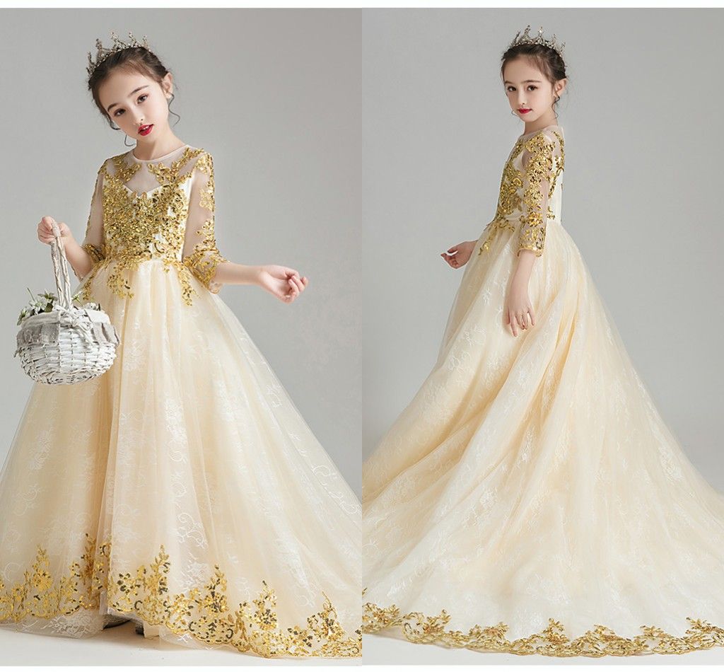 girls gold flower girl dress