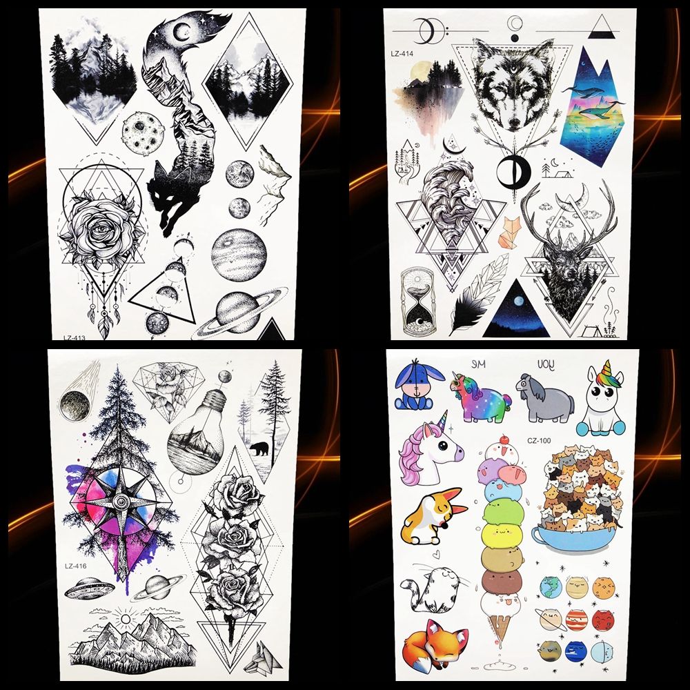 Acheter Black Fox Moon Mountain Stickers De Tatouage Temporaire Imperméable Géométrique Fleur Loup Forêt Tattoo Femmes Hommes Corps Bras Tatoo Planet