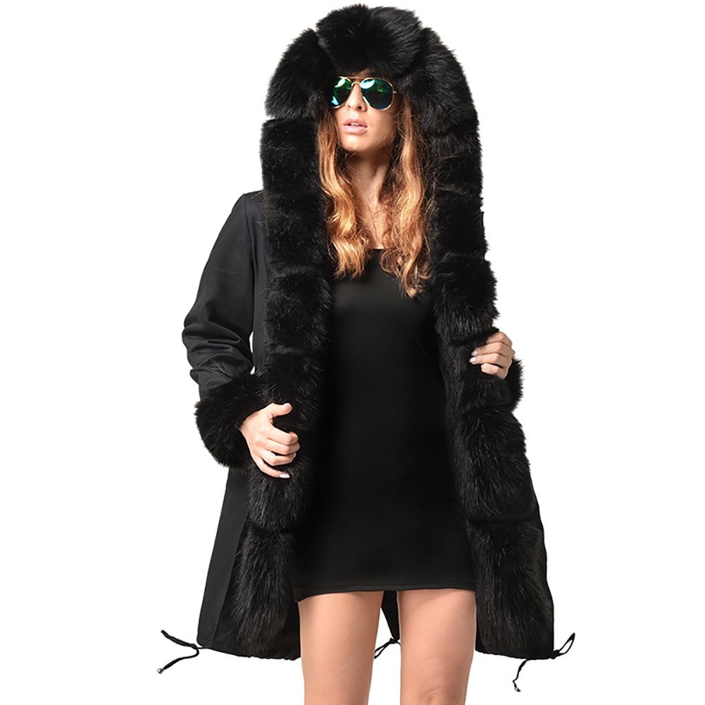 black coat with big fur hood womens