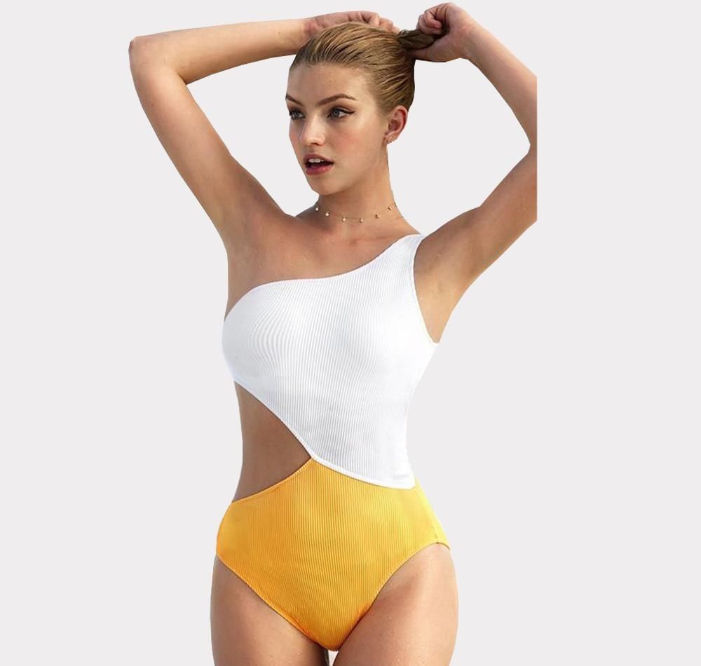 cutout ribbed one shoulder swimsuit