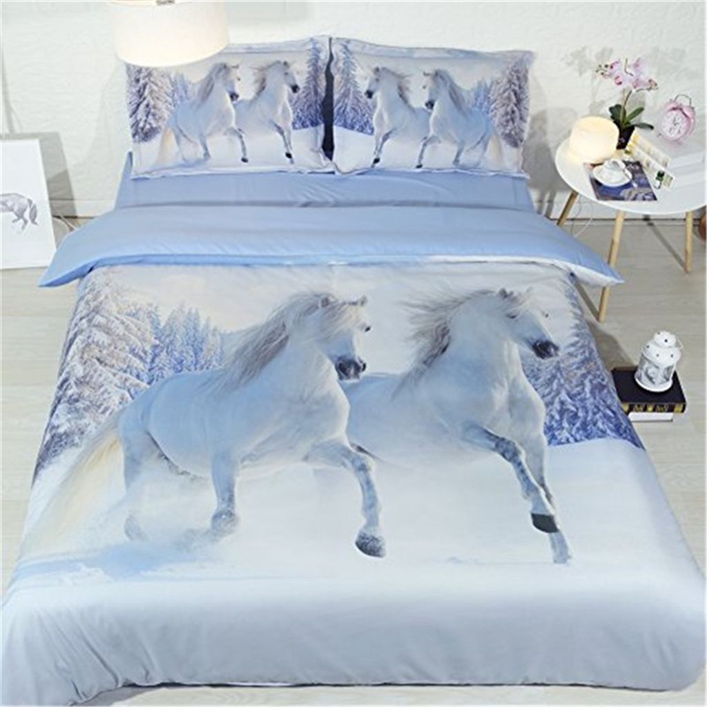 3d Forest Snow Horse Print Duvet Cover With Pillowcase Bedding Set