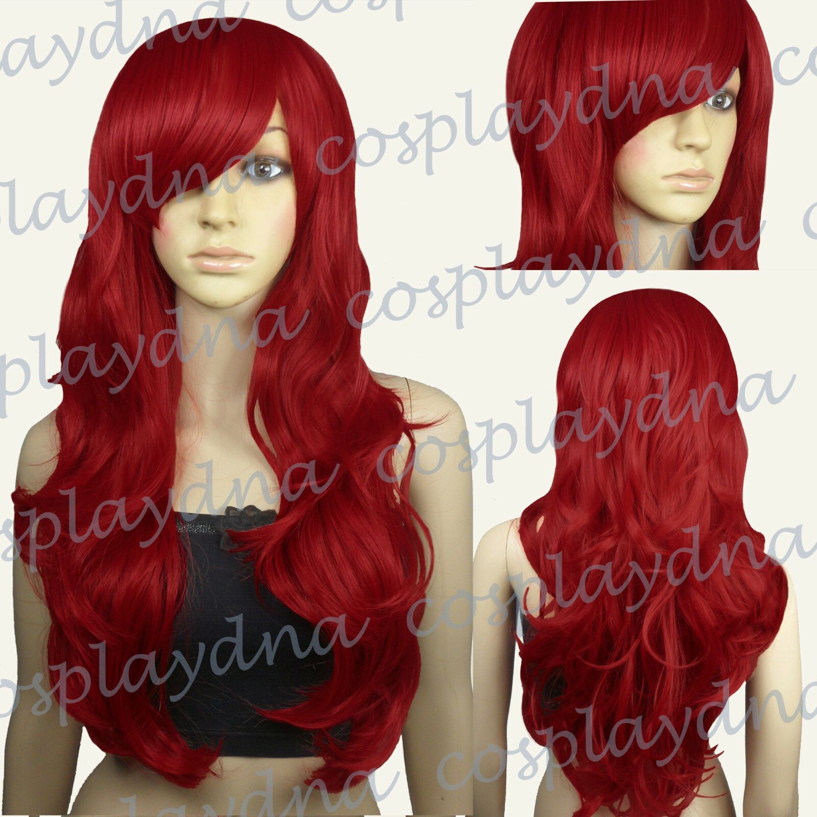 28 Heat Resistant Dark Red Wavy Long Cosplay Wigs With Side Bangs