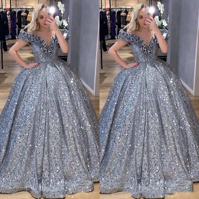 Glitter Silver Sequin Arabic Ball Gown ...