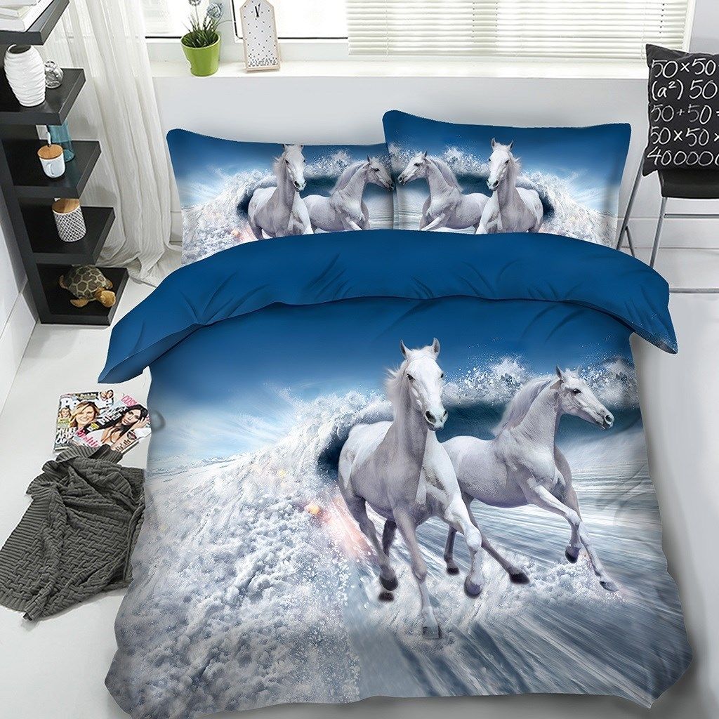 2020 White Horse Bedspread Ocean Wave Duvet Cover Blue White