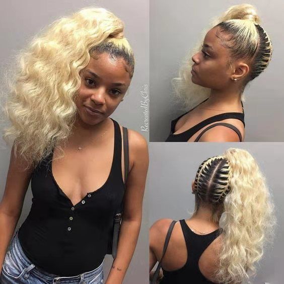Chic High blonde ponytail with braids,Virgin hair 10A 613 white blonde wet wavy ponytail hair Chic High blonde ponytail with braids,Virgin hair 10A 613 white blonde wet wavy ponytail hair