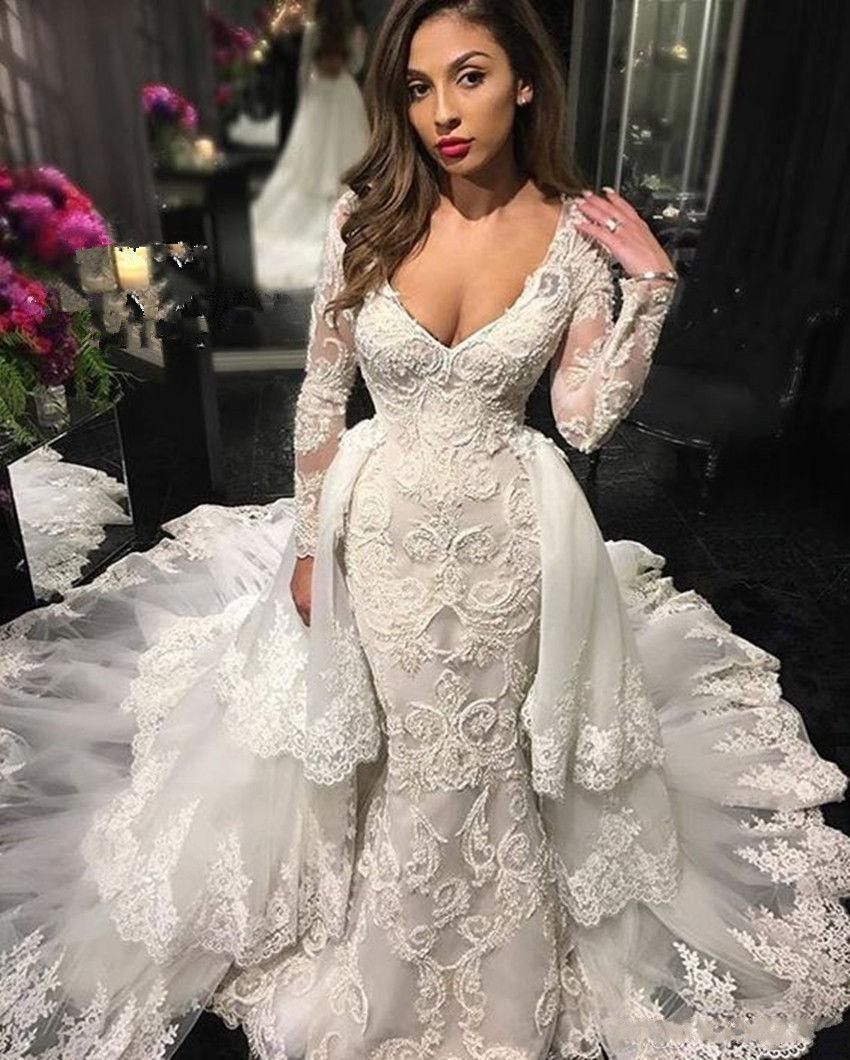 2019 Long Sleeve Mermaid Wedding Dresses Deep V Neck Lace Applique Plus Size Bridal Dress With Detachable Skirt Sweep Train Country Gowns Mermaid Wedding Dresses Under 500 Wedding Dresses For Brides From