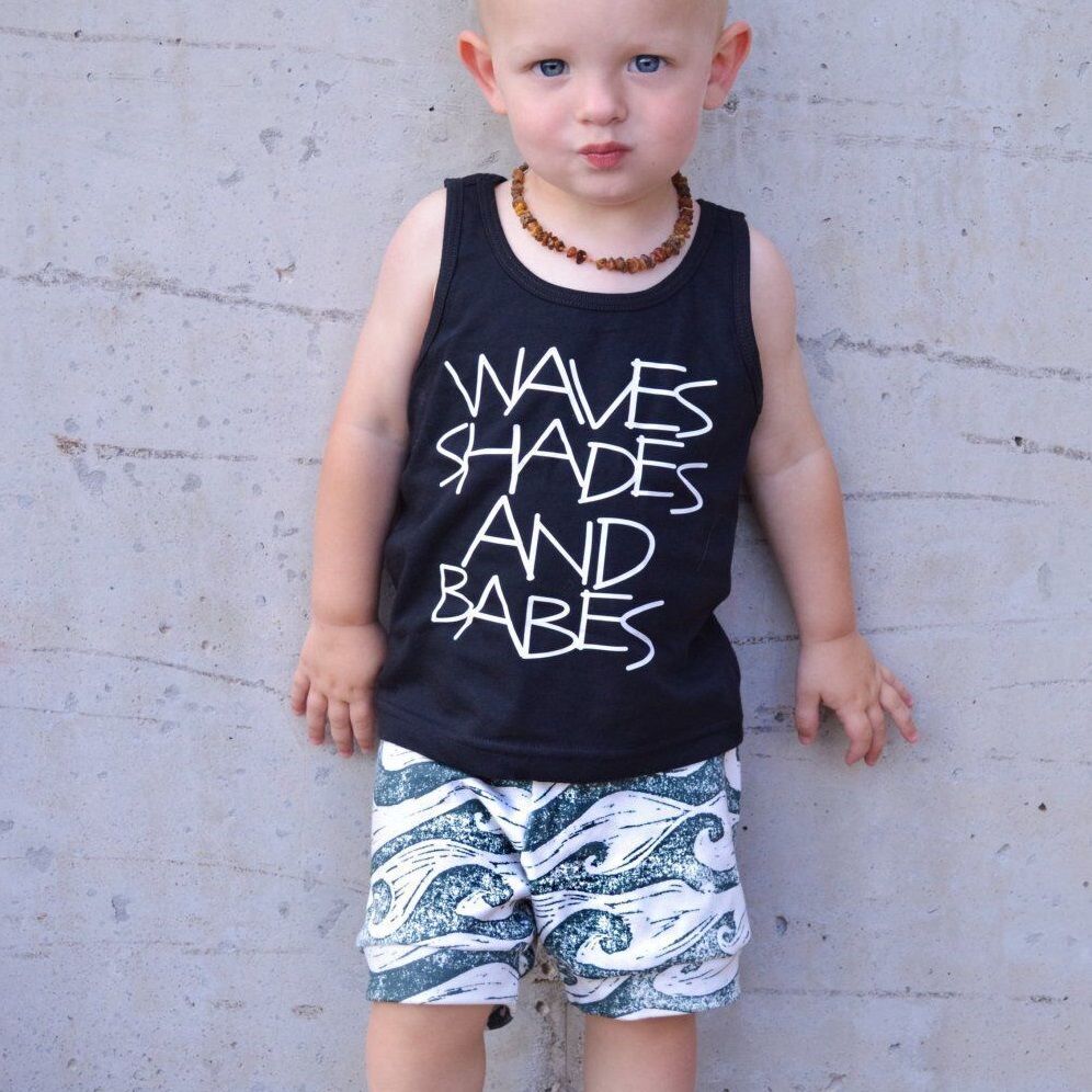 2020 Cool Baby Boy Set Black Letters Tank Waves Shorts Outfits