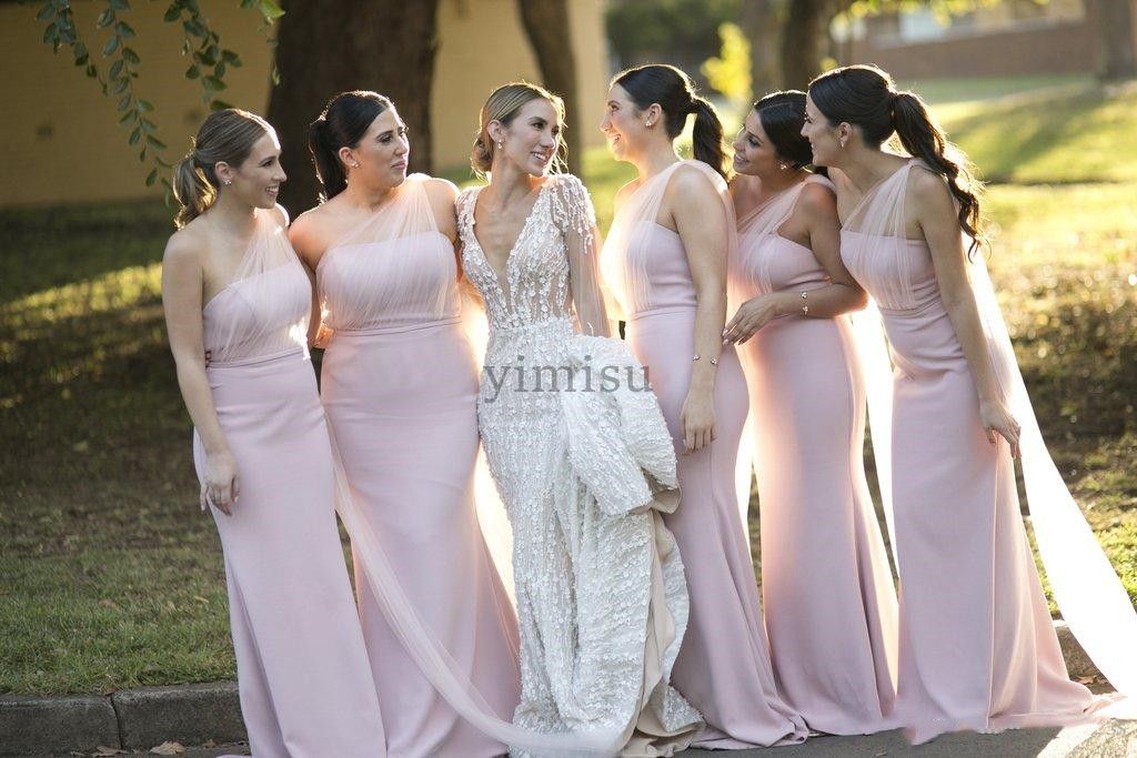 One Shoulder Pink Mermaid Bridesmaid Dresses Backless Sweep Train