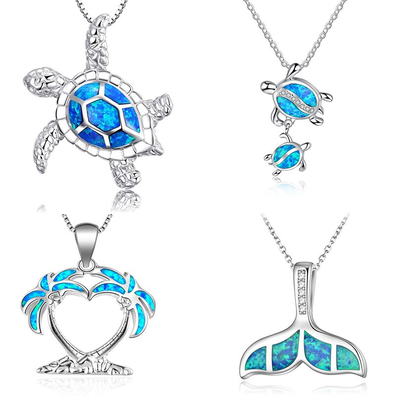 Moda plata llena azul Imitati ópalo tortuga marina colgante collar para mujer hembra animal boda océano playa joyería regalo