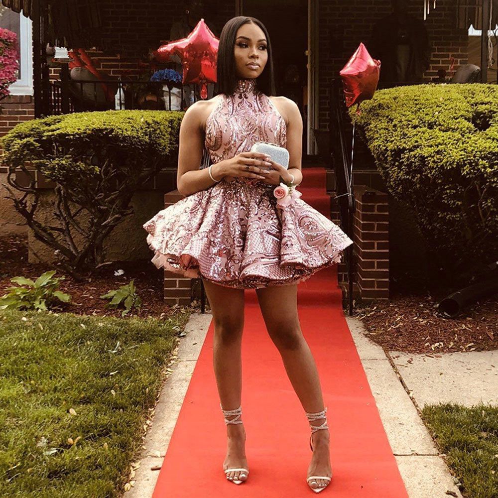 Pink Sequin Mini Homecoming Dresses 