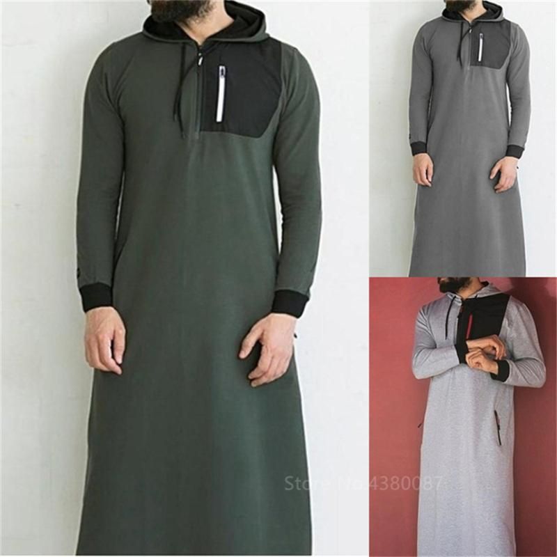 Mens MIddle East Saudi Arab Long Sleeve Thobe Islamic Jubba Kaftan Long Robe Zip