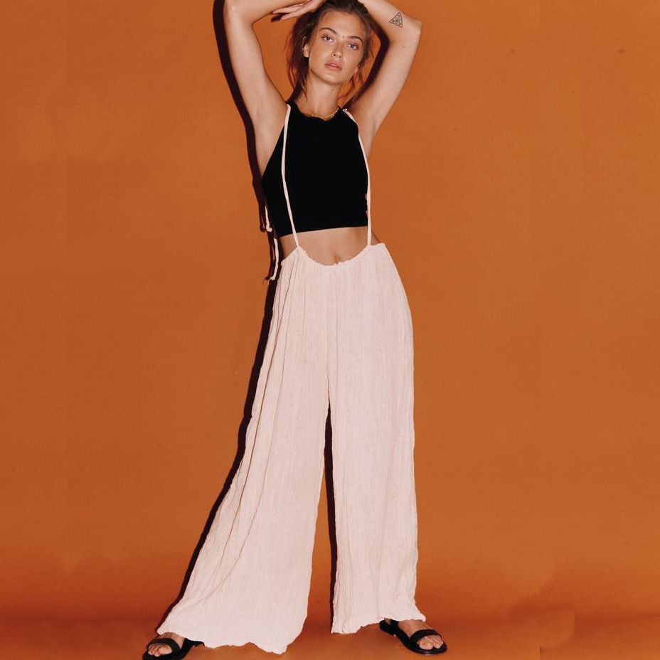 self tie strap wide leg jumpsuit