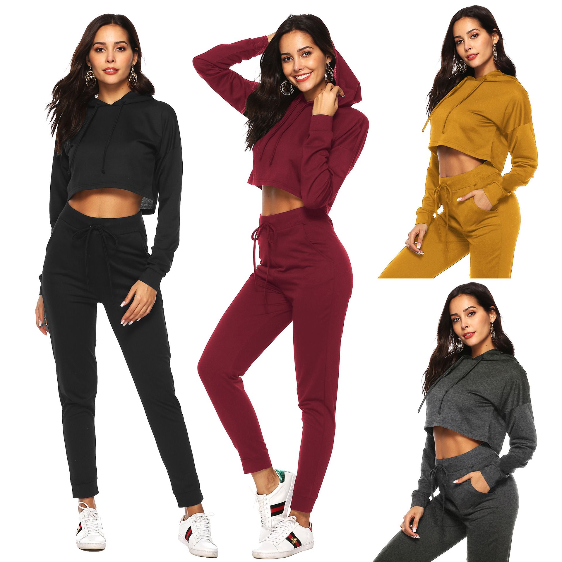 Women Two Piece Solid Outfits Pullover Crop Casual Sweatshirt /& Sweatpants Tracksuits Set