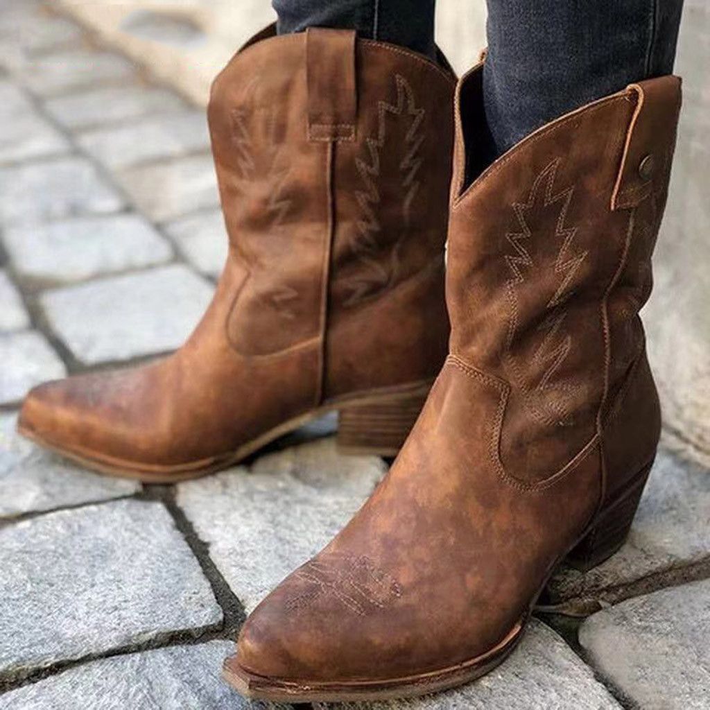 Boots Cowboy for Womens Slip-On Leather Round Toe Low-Heeled Shoes Knight Fashion Boots