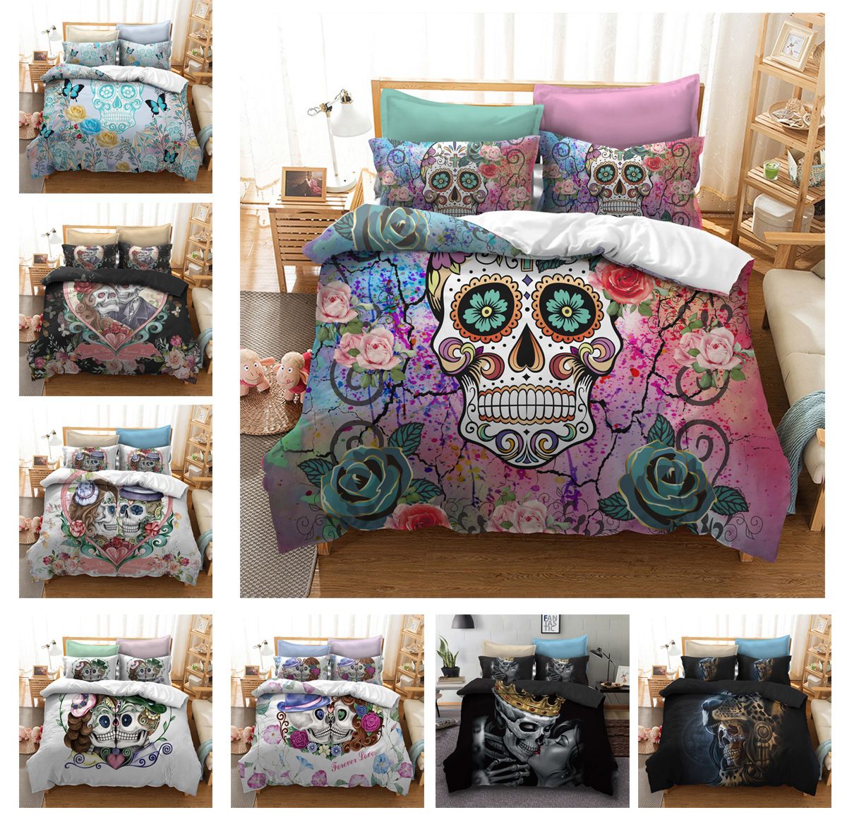 Girls Twin Full Queen Bed Black Pink Floral Skulls 3 pc Comforter Set Bedding