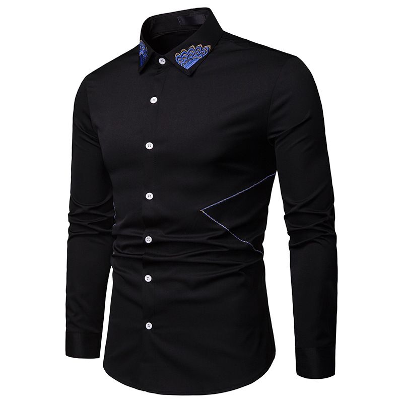 Cuello bordado camisas de vestir para hombres 2019 Nueva moda Camisas de  negocios Diseñador de la marca Camisa de manga larga Boda Novio Camisa