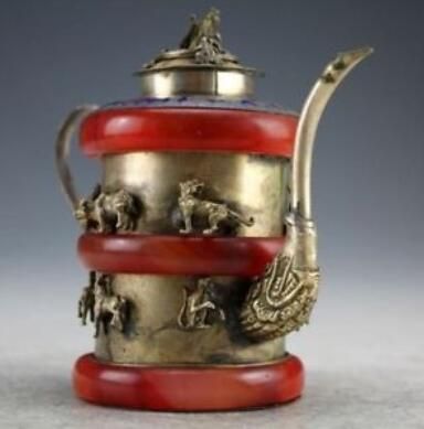 Chinese old jade Tibetan silver Copper engraving 12 Zodiac teapot Monkey Cover 