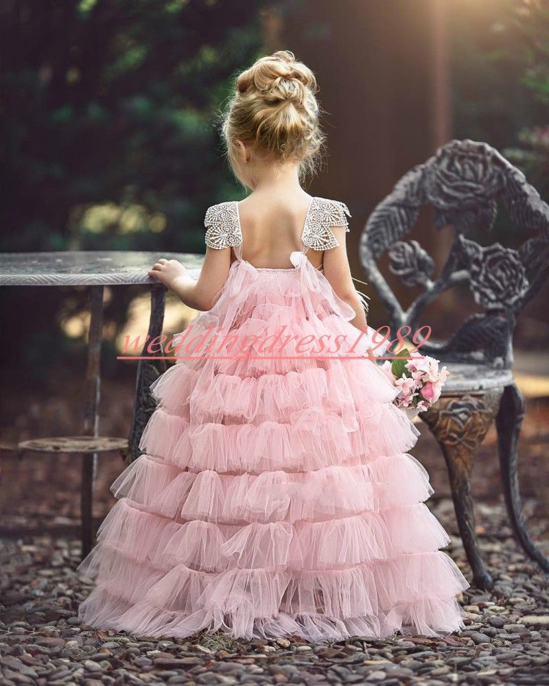 Vestidos para niñas hechos a mano con flores en forma de flor Rosa tul Rosa  2019 Cumpleaños para niñas Vestidos formales Vestidos de primera comunión  Concurso infantil de tutú para bodas