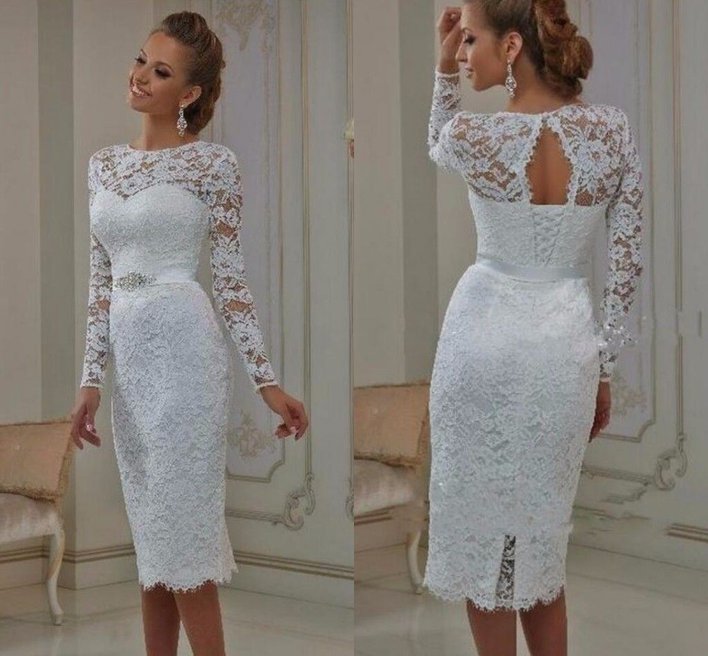 Elegant Knee Length Wedding Reception Dresses Cheap Long Sleeves