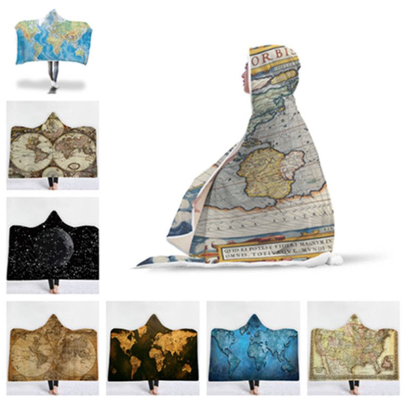 Hooded Cloak Blanket World Map Printing Fleece Home Blanket Soft Shawl Christmas Blanket