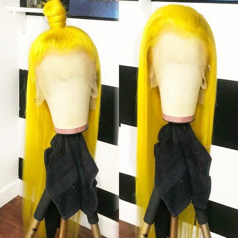 Hot Sexy Yellow Color Long Straight Synthetic Hand Tied Lace Front