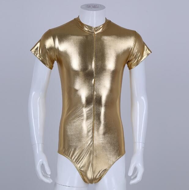 Mens Body Suit One Piece Wetlook Shiny Metallic High Cut Short Sleeves