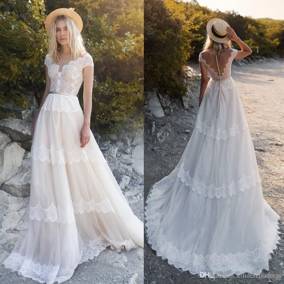 Compra Vestidos De Novia Bohemios Baratos Y Románticos Con Cuello En V,  Apliques De Encaje, Manga Sho, Longitud Del Piso Boho, Vestido De Novia De  Playa De Talla Grande, Vestido De Novia