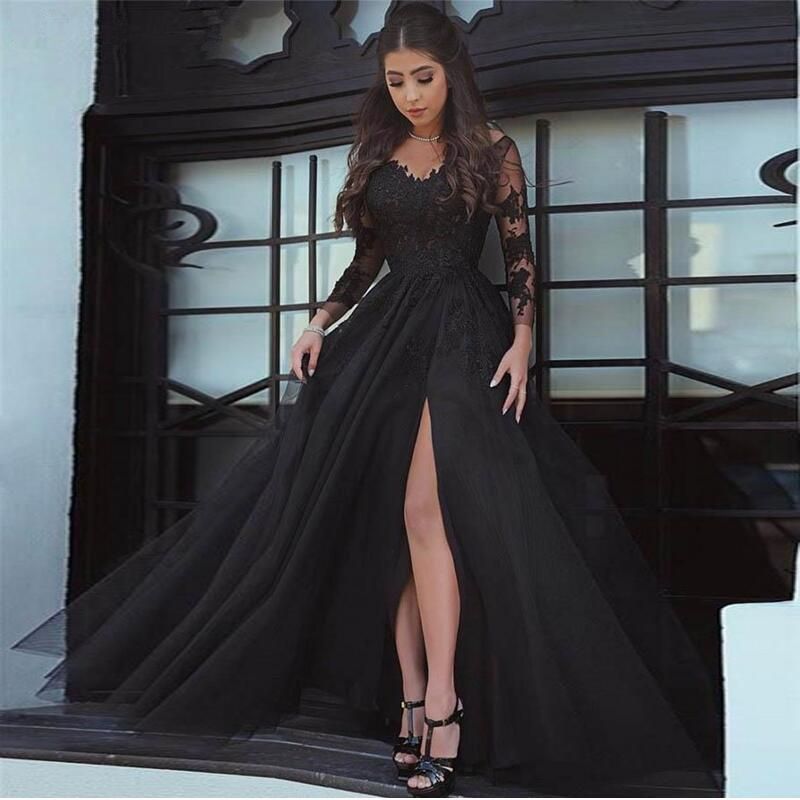 Chiques Preto Vestidos Baratos Apliques De Renda Ilusão Pescoço Fenda  Traseira Aberta Tulle Dresses Prom Vestido Formal 2019 De Globalfashions,  $578,92 | Pt.Dhgate.Com