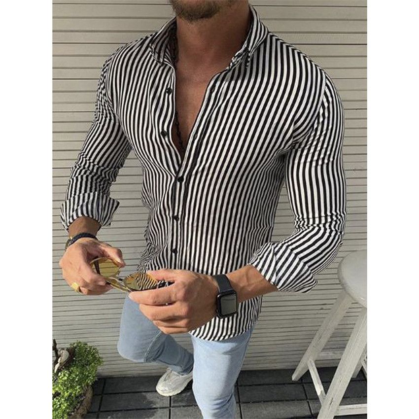 Mens Stripe Dress Shirt Long Sleeve Button Up Stylish Casual Summer Tops T Shirt
