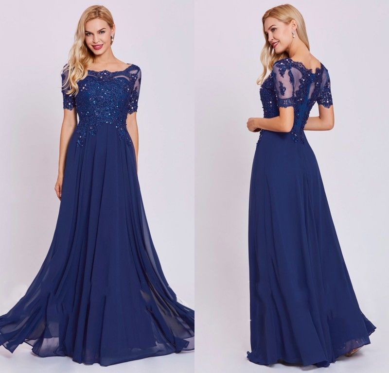 2020 A Line Evening Dresses Dark Blue Rhinestone Applique Sequins Chiffon Prom Dress Short