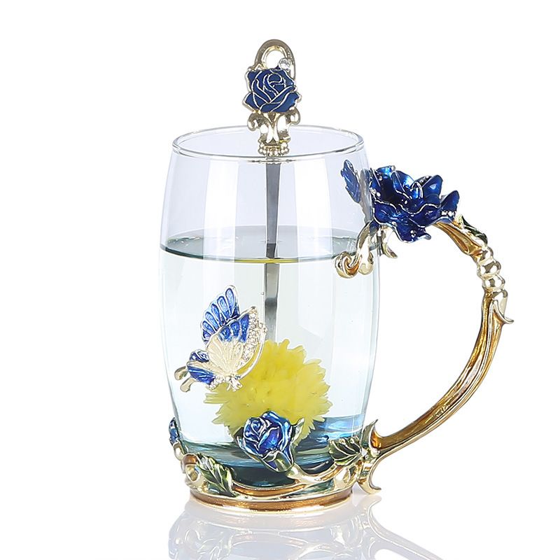 Grand, Bleu Tasse à Thé de Fleur de Papillon Tasses à Café en Verre 3D avec Idée de Cuillère pour L'anniversaire de la Fête des Mères Saint Valentin