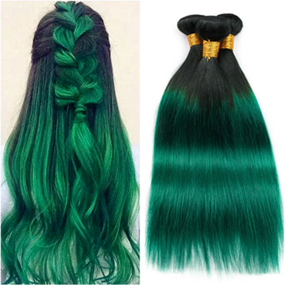 Malaysian Human Hair Ombre Dark Green Weave Wefts Silky Straight