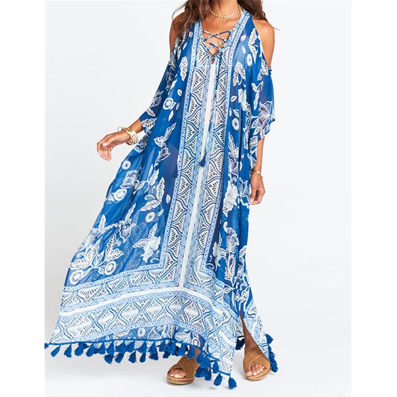 Compre Longo Chiffon Mulheres Vestido Azul Borla Maxi Praia Vestido Saida De Praia Plus Size Robe De Plage V Pescoço Fora Do Ombro Sexy Vestido De Hongxuanstore002, $157,67 | Pt.Dhgate.Com
