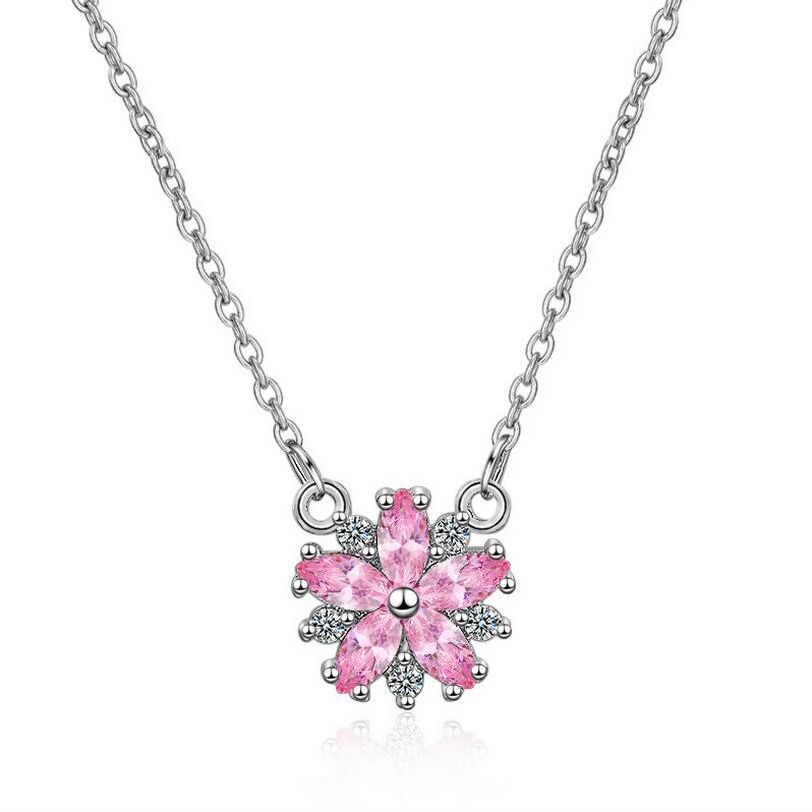 NEW Womens Flower Hot Pink Crystal Rhinestone Silver Chain Pendant Necklace