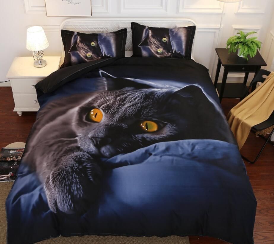 3D Bedding Set Black Cat Print Cotton Duvet Cover Set Lifelike