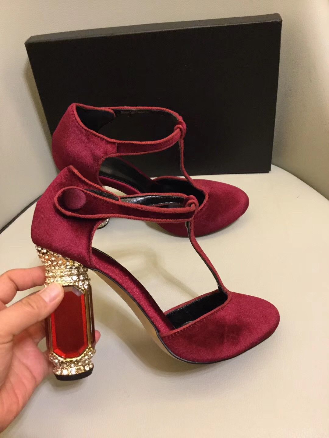 velvet chunky heels